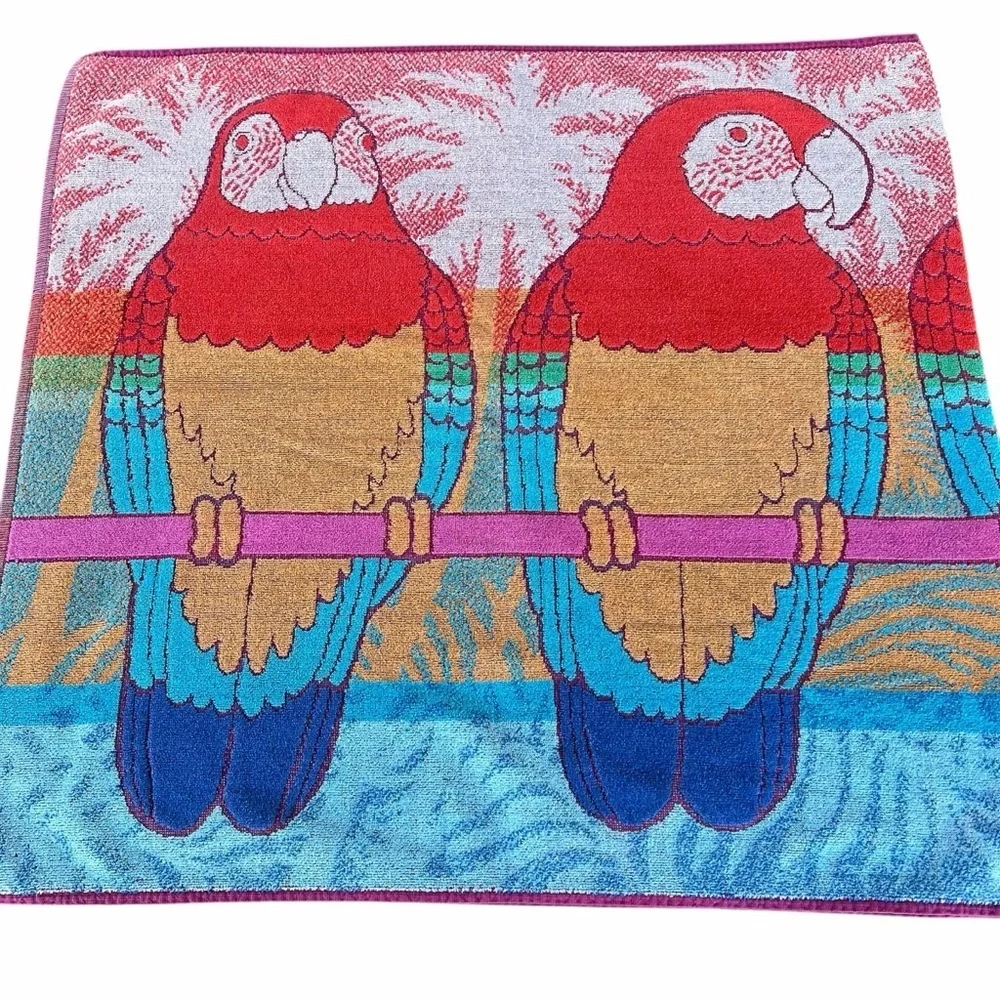 VTG Perched Parrots Palm Trees Retro Beach Towel Bright Colorful 26x55 NICE!